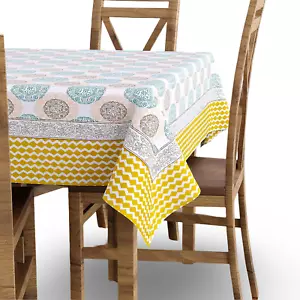 Indian Hand Block Printed Tablecloth Cotton Yellow Green Circle Cover Set 60x90 - Picture 1 of 4