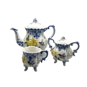 Vintage Keramik 3-teiliges Teeset mit Blumen- & Kolibri-Design weiß blau gelb - Bild 1 von 8