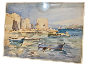 tableau aquarelle : barque sur un étang JEANNE CONDAT 60/47 cm - Imagen 1 de 5
