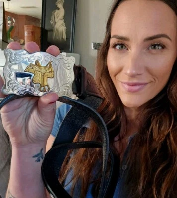 Vintage Chambers Cinturón Hebilla Vaquero Western Plata Rodeo Dickies Negro 9402 S 44 Foto 1 de 4