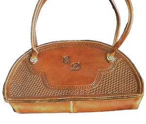Womens Handbag Handmade Genuine Tooled Leather Brown W/Monogram CD and Conchos - Picture 1 of 6