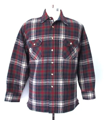 Vtg 70s Blue Plaid Wool Flannel Shacket Lumberjack Shirt Quilted Nylon Lining L - Image 1 of 4