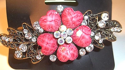 HAIR BARRETTE- PINK STONES,AURORA BOREALIS & CLEAR CRYSTAL FLOWER DESIGN.GOLD - Image 1 of 4
