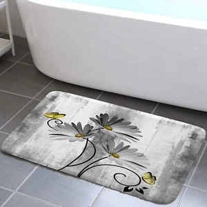 Rustic Farmhouse Bath Mat, Farm Gray Daisy Floral Flowers Butterfly Country W... - Picture 1 of 6