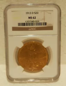 MS62 RARE CIRCA 1913 "D" US $20.00 GOLD COIN NGC 1207340-029 - Picture 1 of 8