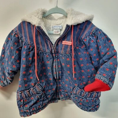 VTG Oshkosh 24 Month Sherpa Lined Denim Coat Floral Flowers Stripe USA Hood  - Image 1 of 4