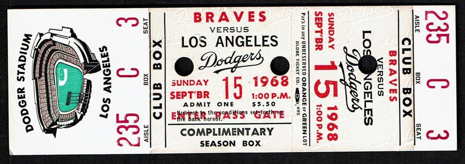 1968 HENRY "HANK" AARON HIT/RBI JOE TORRE BASEBALL FULL TICKET DODGERS BRAVES - Image 1 of 1
