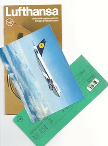 c1984 Lot Three Lufthansa Airline Pcs. Postcard, Boarding Pass, Entertainment Br - Picture 1 of 1