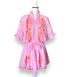 Juliet Dunn Hand Embroidery Blouson Mini Dress Sz 2 US M Sugar Pink Orange - Picture 1 of 15