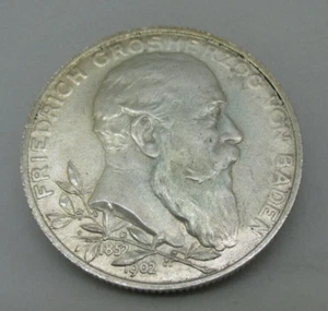 Antica moneta argento 2 marchi Baden 1902 Impero tedesco Federico I - Foto 1 di 5