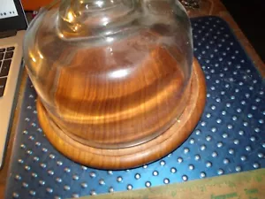 Vintage dolphin Genuine Teak Wood Plate Covered Glass Cheese Dome Cake - Picture 1 of 5