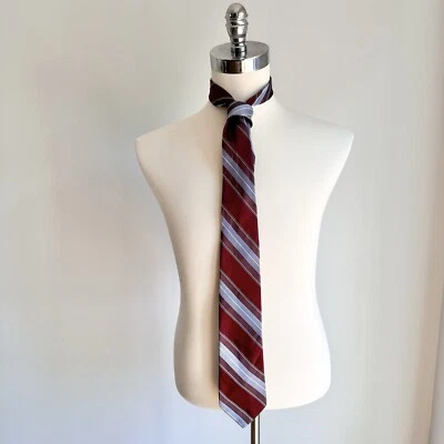 VALENTINO Made in Italy Burgundy Silk Blue-White Striped Necktie - Image 1 of 4