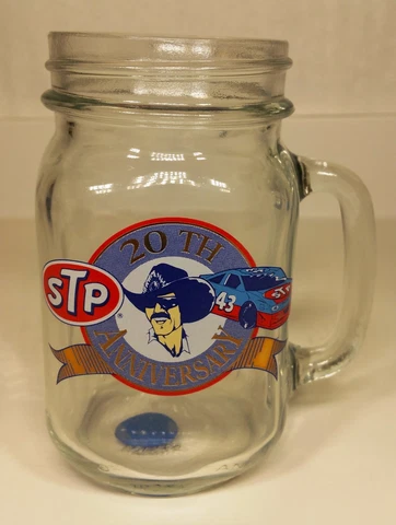 Rare VTG NASCAR Richard Petty STP 20th Ann Hunter Mfg Mason Jar Glass Mug 16oz Cover