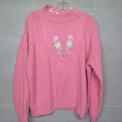 Vintage Liz Thomas Mock Neck Pink Floral Embroidered Acrylic Sweater Size XL - Image 1 of 4