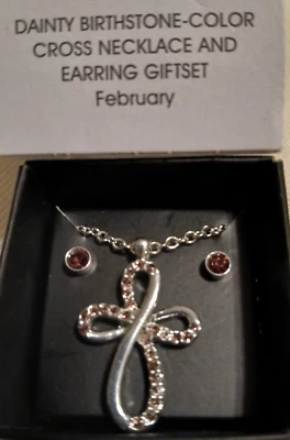 AVON 2016 Delicado Collar Cruz Piedra Natal y Pendientes Febrero Púrpura Nuevo en Caja Foto 1 de 2