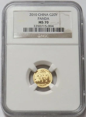 2010 GOLD CHINA 1/20 OZ 20 YUAN PANDA COIN NGC MINT STATE 70 - Image 1 of 3