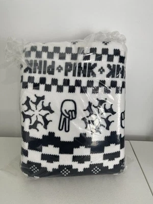 PINK By VS Sherpa Throw Blanket Black White Peace Dogs Logo 50” X 60” NEW - Image 1 of 3