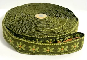 Bordo in tessuto ricamato cotone vintage anni 70 • fiori verdi • rotolo intero • NOS - Foto 1 di 4