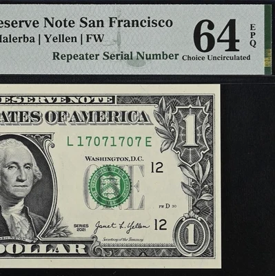 2021 $1 Federal Reserve Note PMG 64EPQ - Fancy Repeater Serial Number 17071707 - Image 1 of 3