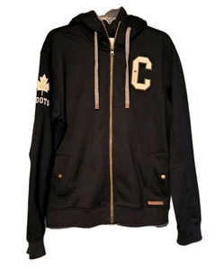 Roots Canada Mens Jacket L Black M Hooded Snap Pockets Full Zip Athletic Sports - Picture 1 of 9
