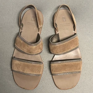 Brunello Cucinelli Monilli flache Sandalen Gr. 37 taupe Leder Slipper Italy - Bild 1 von 10