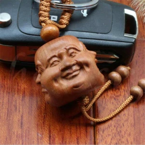 Chinese Feng shui Wood Carving Four Face Happy Buddha Head Statue Key Chain Ring - Picture 1 of 4