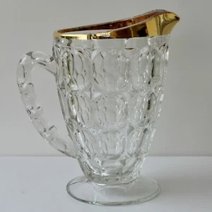 Mid-Century Glass Juice Pitcher Gold Trim Thumbprint Pattern Vintage Jeannette? - Picture 1 of 12