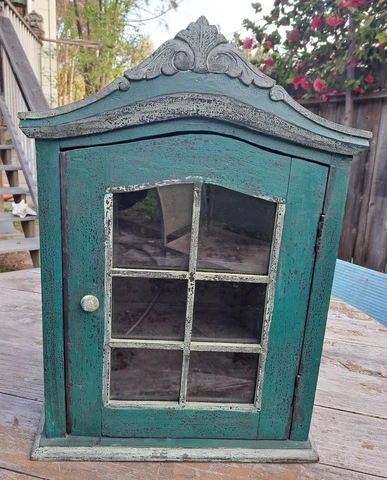 Antique Medicine Cabinet-Old Wooden Cabinet-Front and Side Glass-Old Hardware Cover