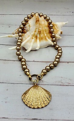 Colgante concha réplica perla oro/bronce cristal porcelana vintage-NUEVO Foto 1 de 4