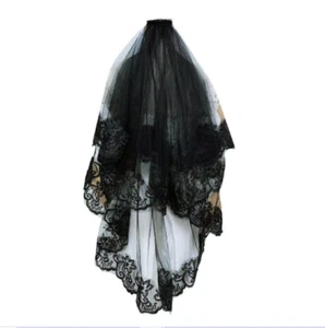 Black 1 Layer Lace Tulle Bride Veil 1 Tier See-Through Wedding Funeral Accessory - Picture 1 of 7