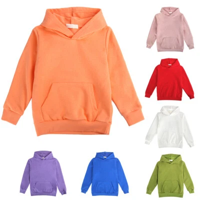 Kids Girls Boys Plain Hoodie Jumper Cotton Pullover Unisex Sweatshirt