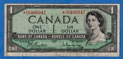 Canada $1 (1954) BC-37bA / P-74b REPLACEMENT NOTE (Circulated) *A/A 0466947 - Image 1 of 3