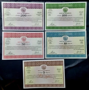 Intis Bond Complete Set - 200, 100, 50, 10, 5 - Bono de Desarrollo Peru 1985. - Picture 1 of 2