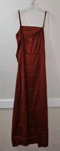 Spaghetti Strap Satin Midi Slip Dress Brown Size Large - Picture 1 of 8