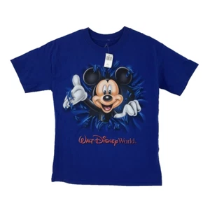 New Double Sided Mickey Mouse Disney T-Shirt Blue Short Sleeve Youth Large YL - Picture 1 of 8