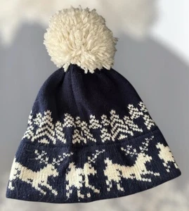 Beanie Reindeer Trees Big Pom Pom Knit Ski Hat Snow Winter OS Navy Blue, White - Picture 1 of 13