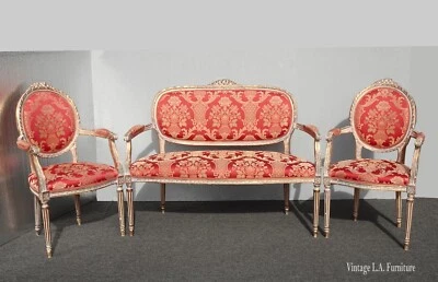 Vintage French Louis XVI Red & Silver Settee and Pair Chairs ~ Set of Three - Image 1 of 4