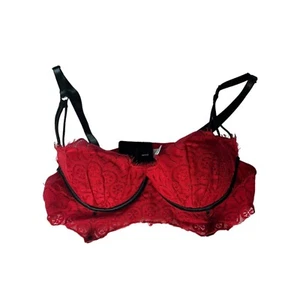 Frederick's Of Hollywood S Red Lace Push Up Balconette Bra Longline Black Trim - Picture 1 of 6