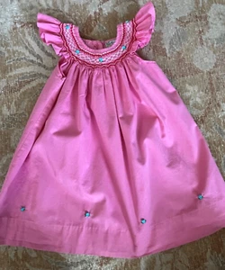 SMOCKED PINK DRESS BY SISSYMINI 18 MONTHS RED WHITE BISHOP STYLE ANGEL SLEEVES - Picture 1 of 5