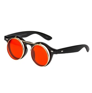 Black + Red Flip up Circle Steampunk Glasses Goggles Cyber Sunglasses Retro UK - Picture 1 of 12