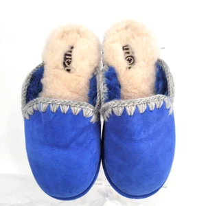 Mou Blue Suede Slippers Eskimo Stitch Fleece Wms Size 40 (US8.5-9) - Picture 1 of 7