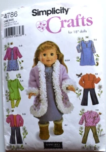 SIMPLICITY PATTERN 4786 18" DOLL CLOTHES DRESS JACKET PANTS BOOTS UNCUT - Imagen 1 de 2