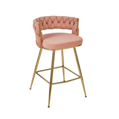 Vintage PU Leather/Velvet Bar Stools w/Backrest, 26In Counter Height Metal Frame - Image 1 of 4