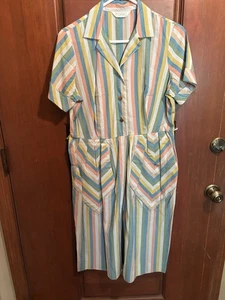 EUC Vintage Carol Brent House Dress Size 12/14? Pastel Striped Pleats Buttons - Picture 1 of 10