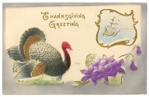 Thanksgiving Greeting Embossed Turkey and Ship Postcard - Picture 1 of 2