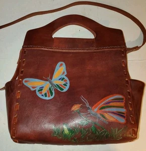 1960s hand tooled leather purse with butterflies & a frog artist D brown - Picture 1 of 18
