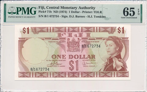 Central Monetary Authority Fiji  $1 ND(1974)  PMG  65EPQ Cover