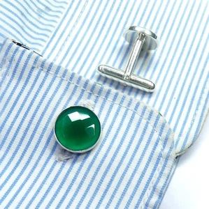 Green Chalcedony Cufflinks, Silver Cufflinks, Groomsmen Cufflinks - Picture 1 of 3