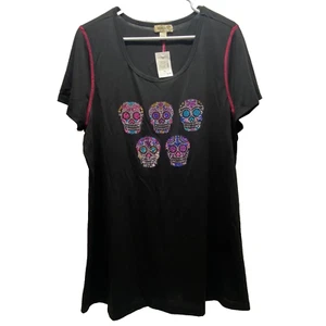 One World Damen XL T-Shirt schwarz Strass Sugar Skull Day Of The Dead Logo Neu mit Etikett - Bild 1 von 7