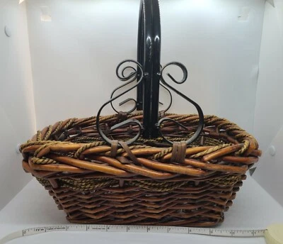 WICKER RATTAN WOVEN RECTANGLE BASKET METAL HANDLES  - Image 1 of 4